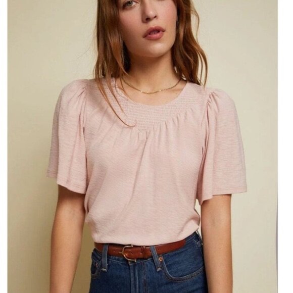 Nation LTD XS Acacia Smocked Flutter Tee in light pink SMOCKED FLUTTER SLEEVE - Picture 1 of 7
